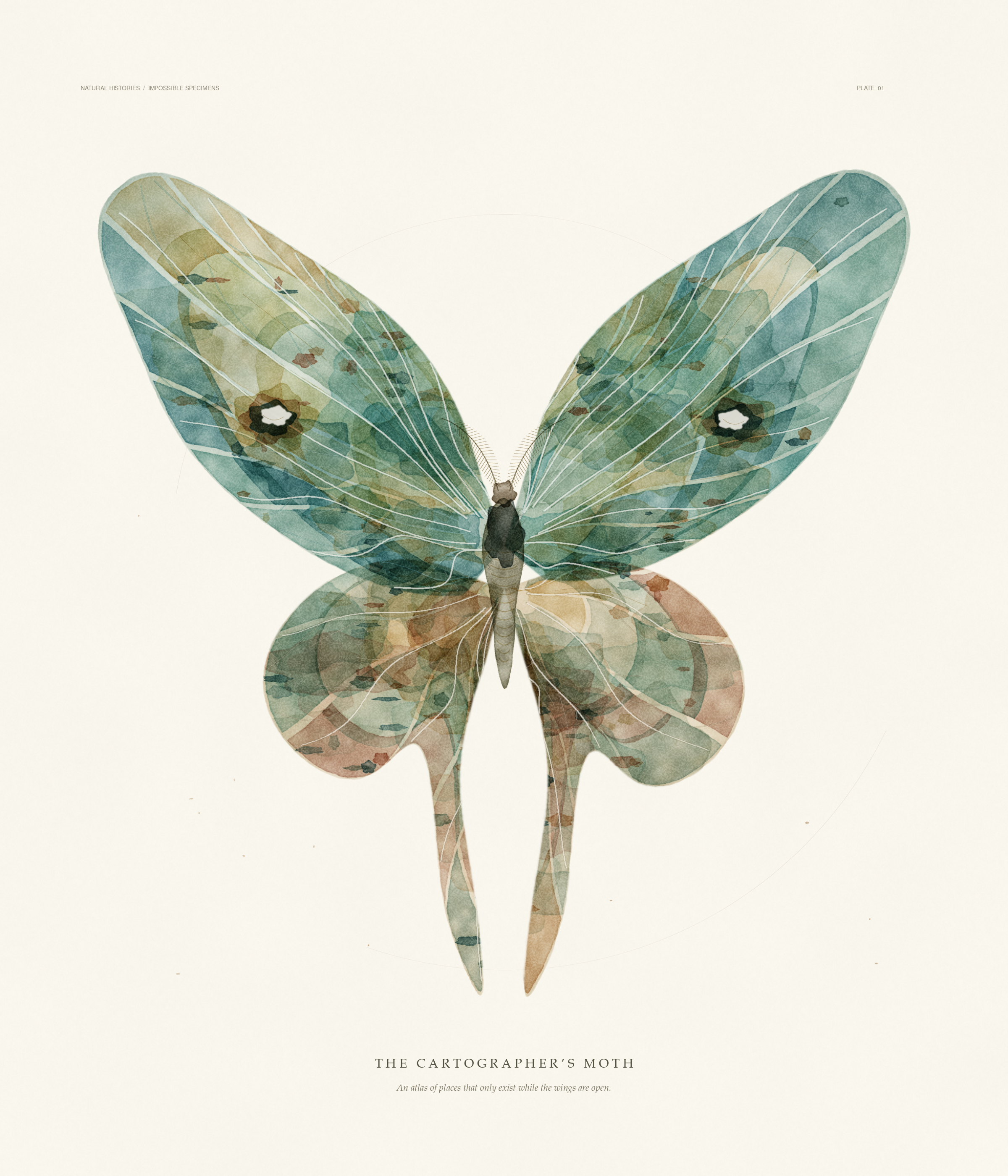 The Cartographer’s Moth: mineral-green and ochre watercolor wings crisscrossed by white rivers, with long tapering tails, on warm textured paper.